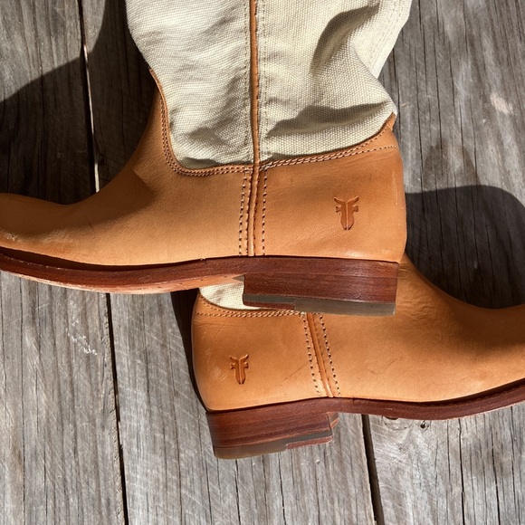 Frye Shoes - Frye Boots Natural Canvas and tan leather size 6 pull on high Melissa button